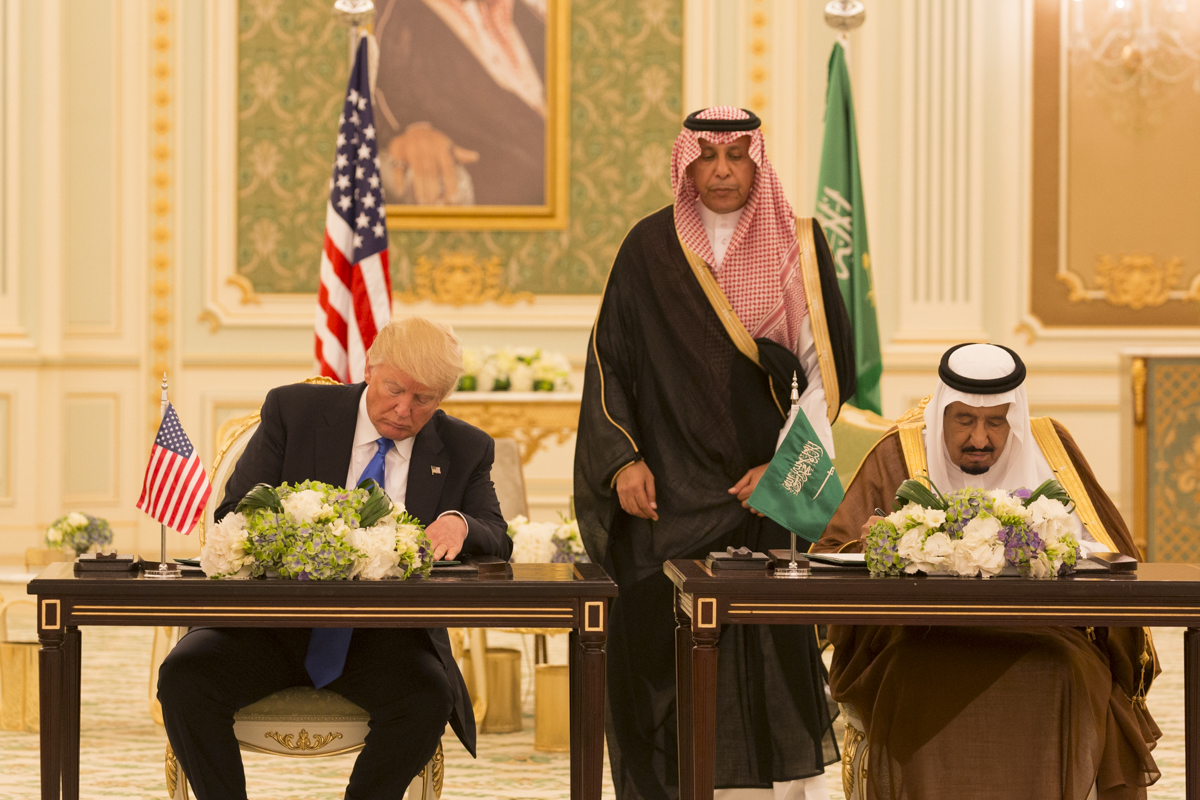 President Donald Trump and King Salman bin Abdulaziz Al Saud of Saudi Arabia sign a Joint Strategic Vision Statement for the United States and the Kingdom of Saudi Arabia, during ceremonies, Saturday, May 20, 2017, at the Royal Court Palace in Riyadh, Saudi Arabia. (Official White House Photo Shealah Craighead